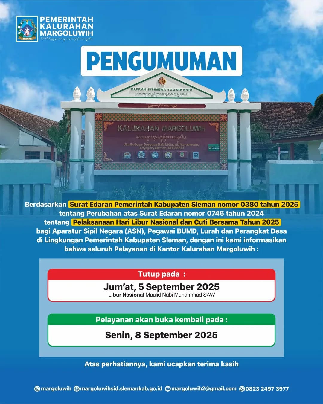 PENGUMUMAN PELAYANAN KALURAHAN MARGOLUWIH