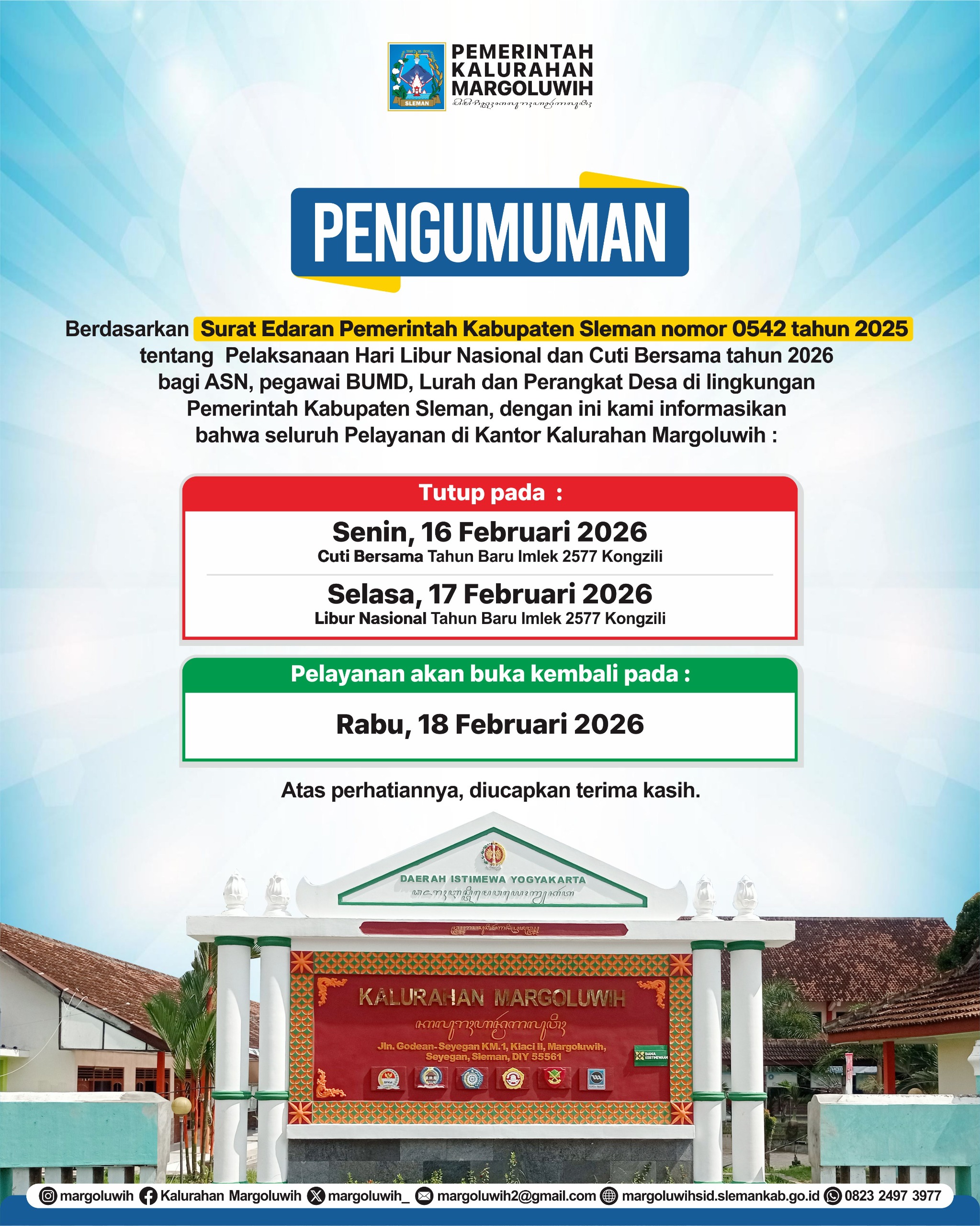 PENGUMUMAN PELAYANAN KALURAHAN MARGOLUWIH