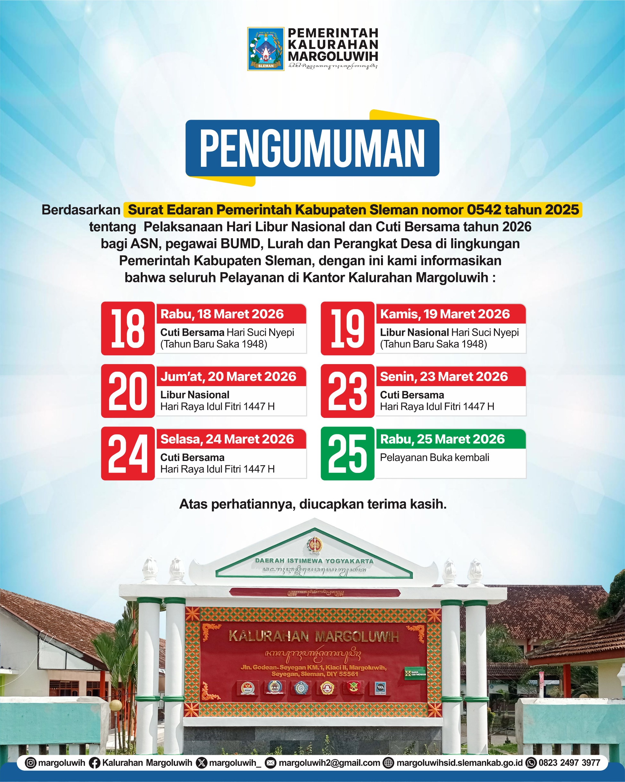 PENGUMUMAN PELAYANAN KALURAHAN MARGOLUWIH