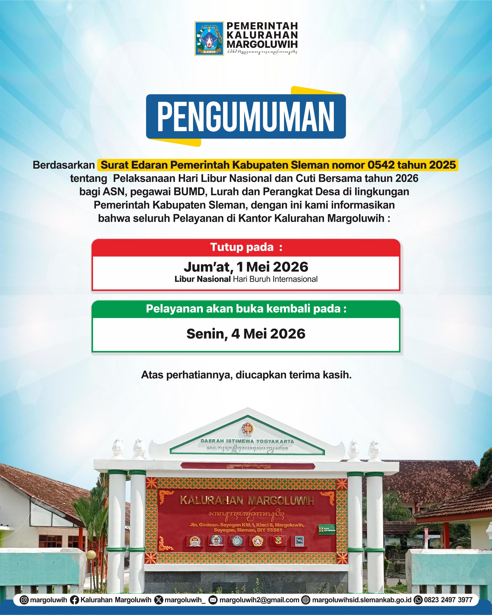 PENGUMUMAN PELAYANAN KALURAHAN MARGOLUWIH