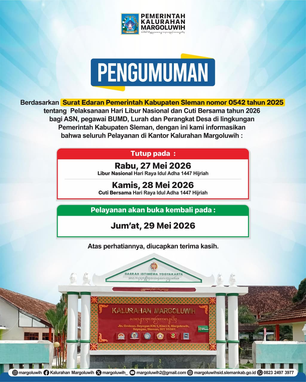 PENGUMUMAN PELAYANAN KALURAHAN MARGOLUWIH