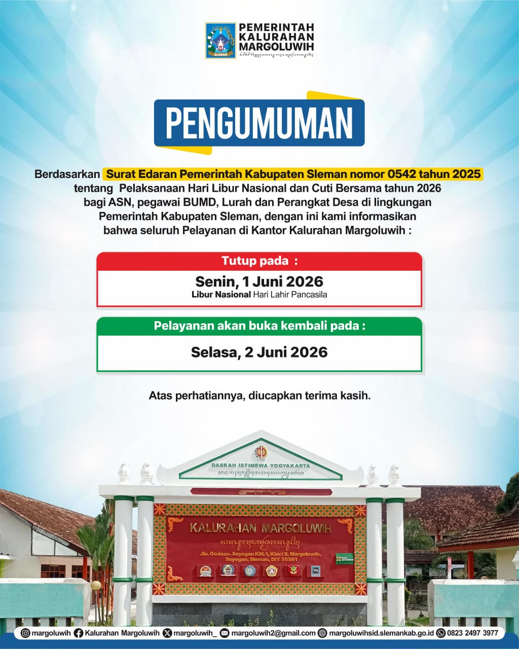 PENGUMUMAN PELAYANAN KALURAHAN MARGOLUWIH